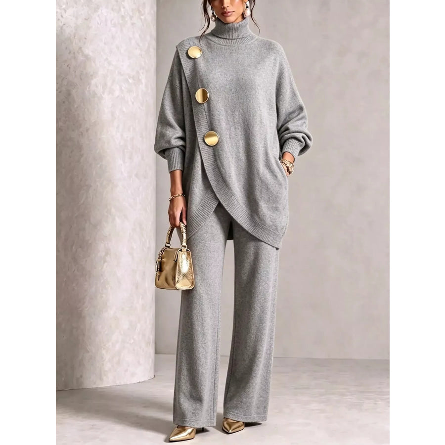 Gold Button Accent Turtleneck Sweater and Pants Set Gray / S