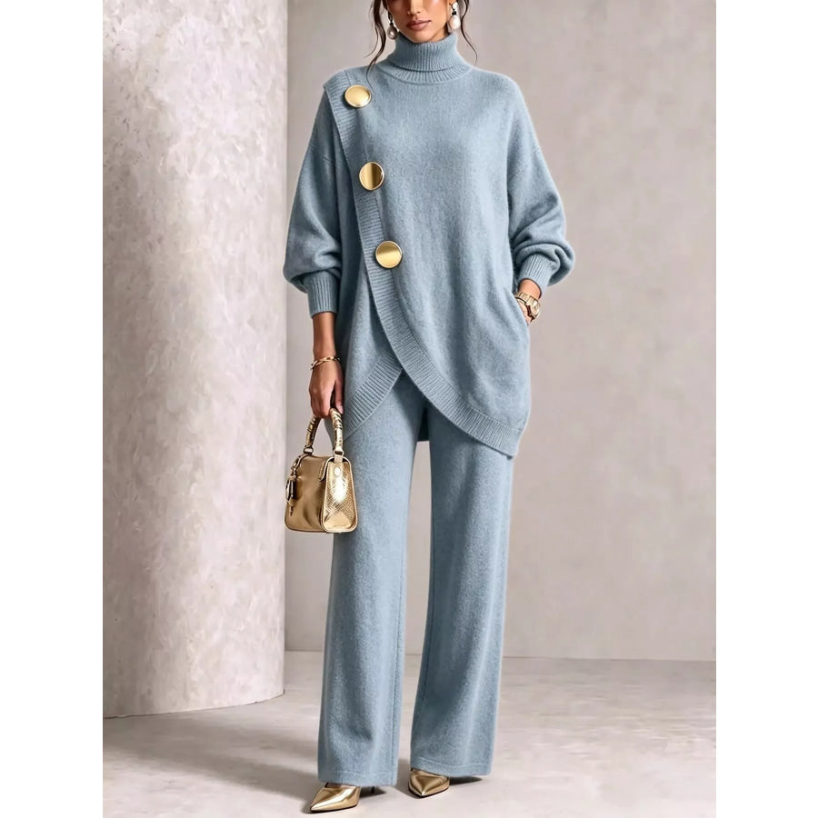 Gold Button Accent Turtleneck Sweater and Pants Set Light Blue / S