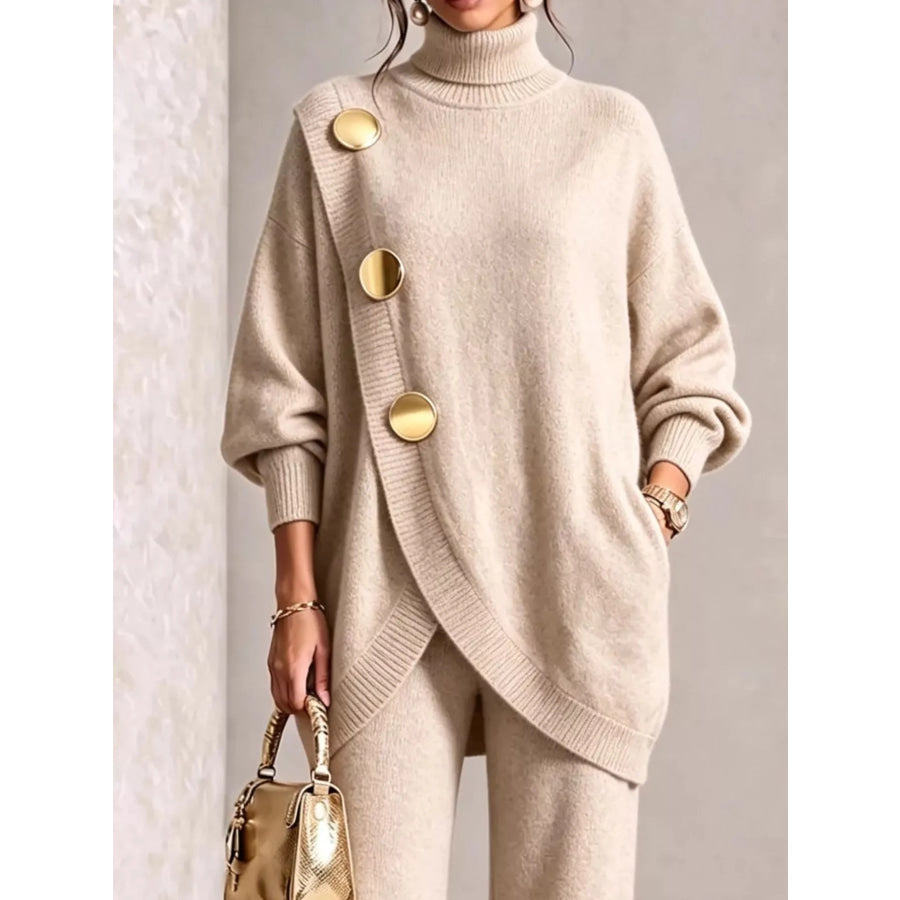 Gold Button Accent Turtleneck Sweater and Pants Set