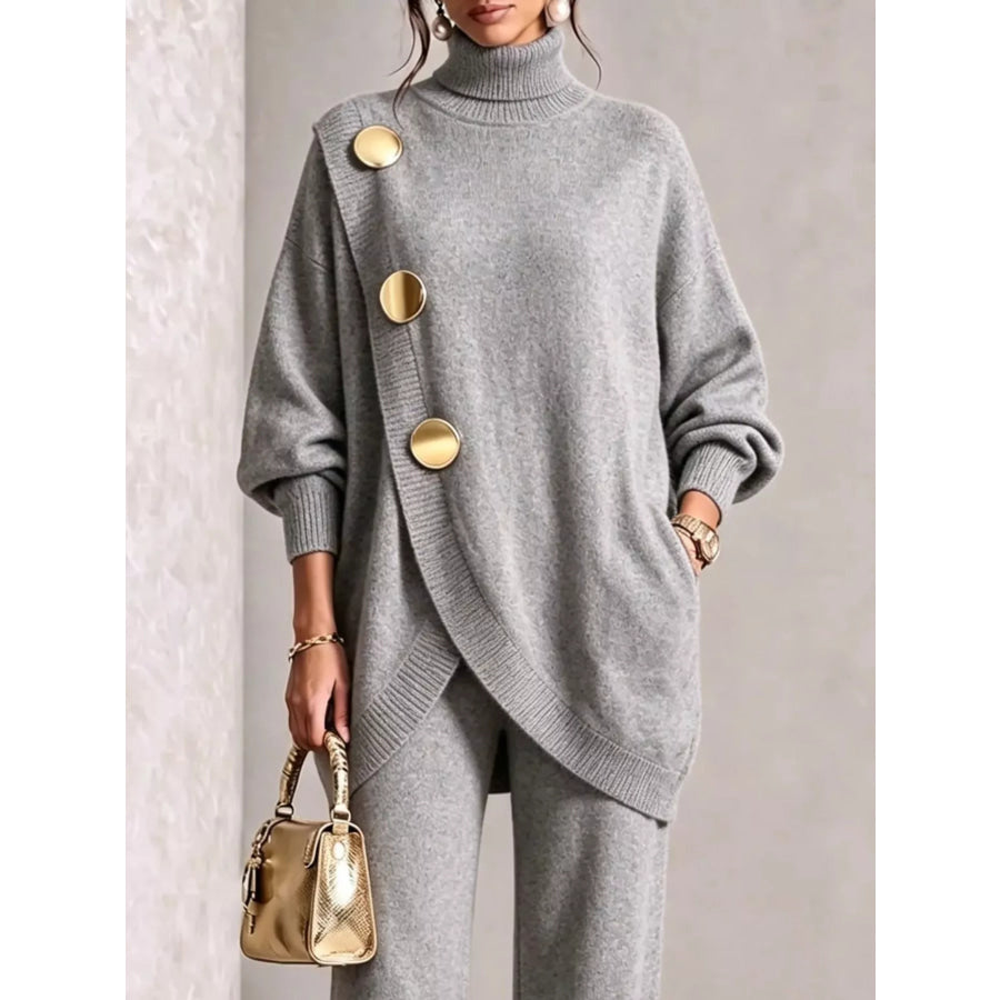 Gold Button Accent Turtleneck Sweater and Pants Set