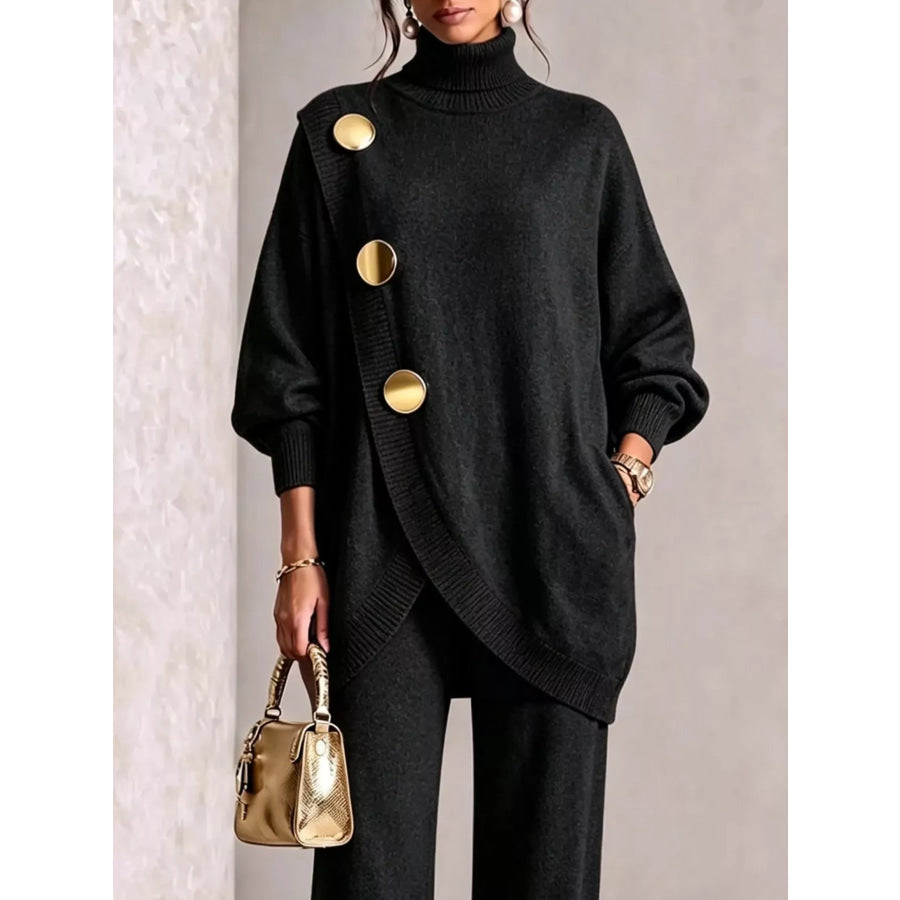 Gold Button Accent Turtleneck Sweater and Pants Set