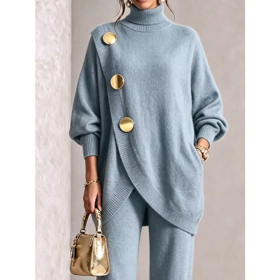 Gold Button Accent Turtleneck Sweater and Pants Set