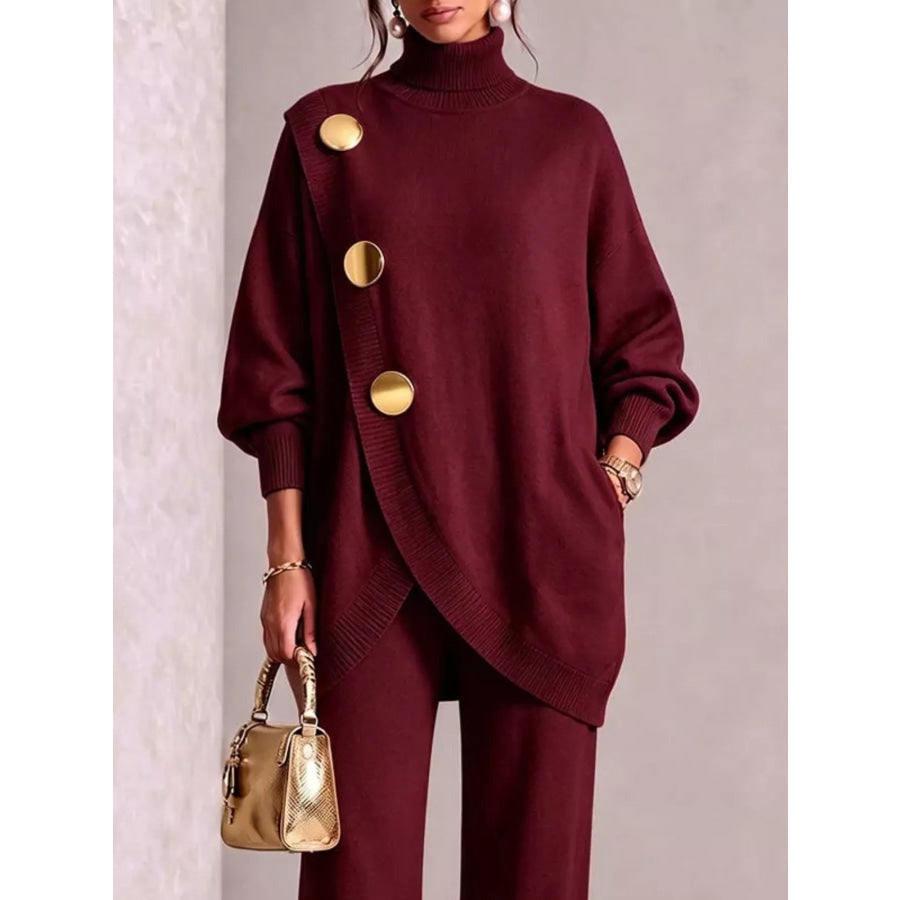 Gold Button Accent Turtleneck Sweater and Pants Set