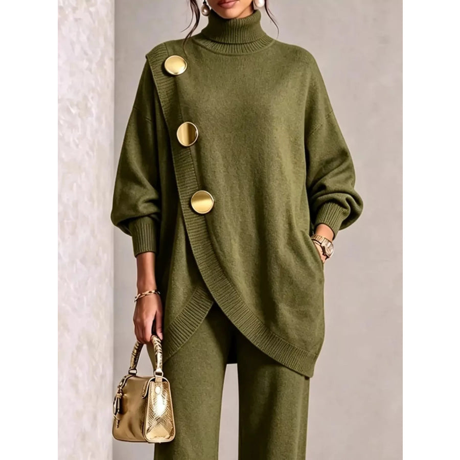 Gold Button Accent Turtleneck Sweater and Pants Set