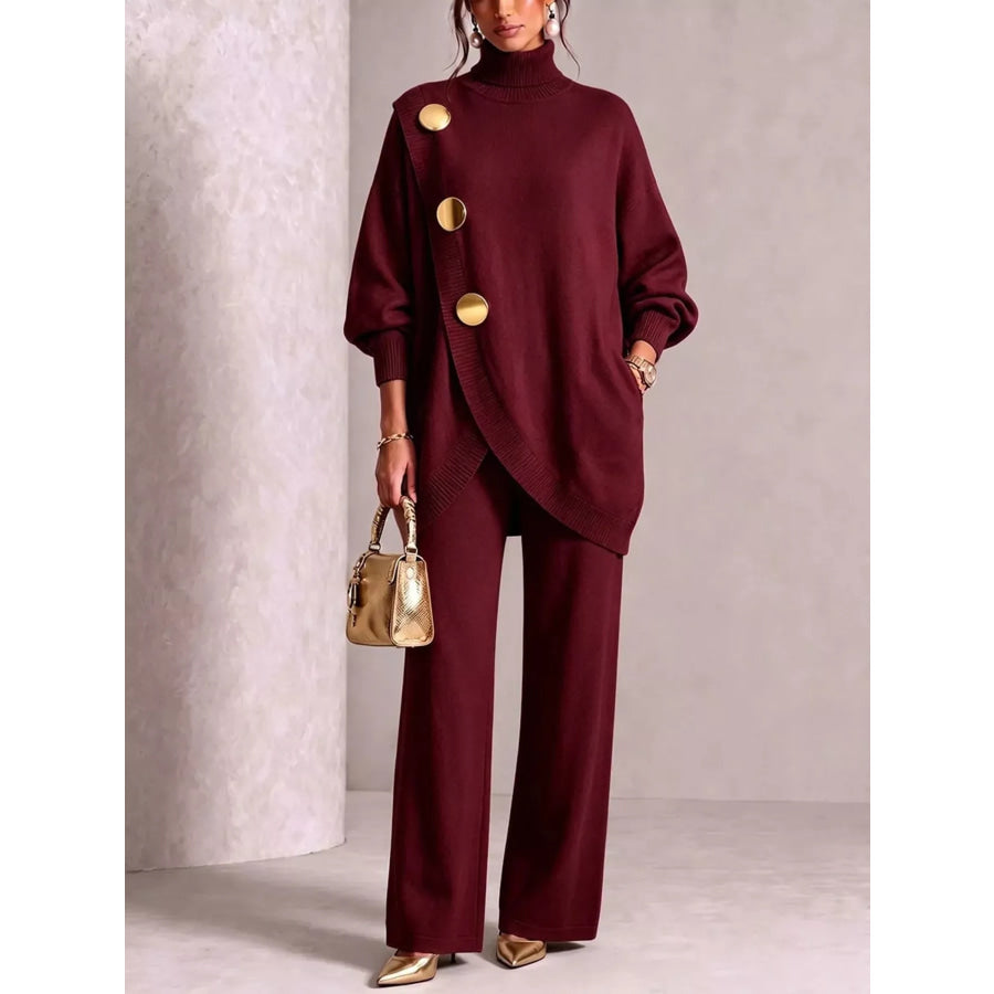 Gold Button Accent Turtleneck Sweater and Pants Set Wine Red / S