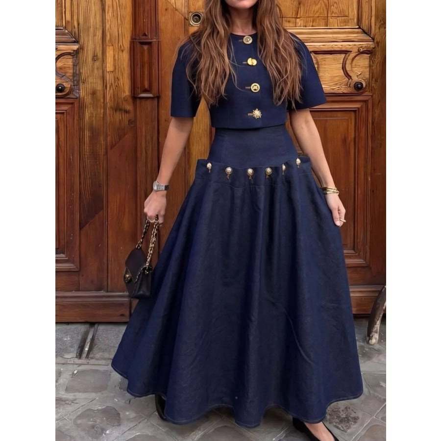 Gold Button Top and Skirt Denim Set Apparel and Accessories
