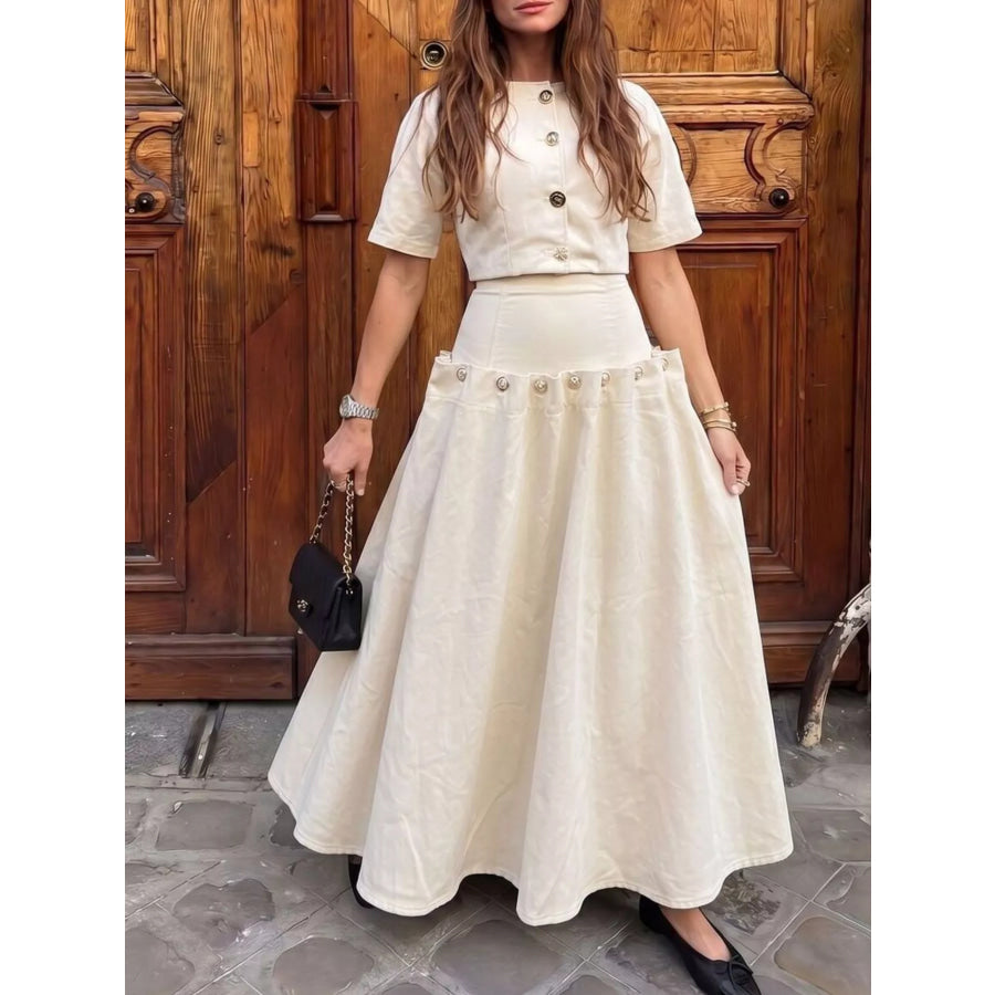 Gold Button Top and Skirt Denim Set Apparel and Accessories