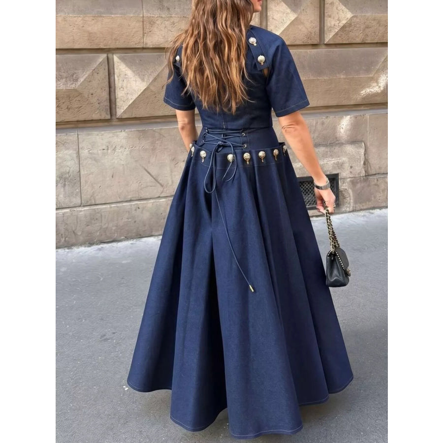 Gold Button Top and Skirt Denim Set Apparel and Accessories