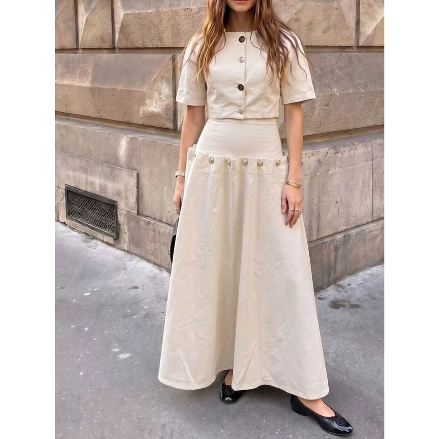 Gold Button Top and Skirt Denim Set Cream / S Apparel and Accessories