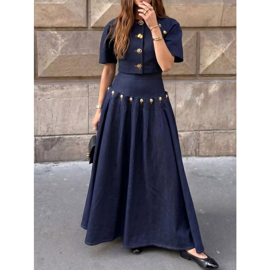 Gold Button Top and Skirt Denim Set Dark Blue / S Apparel and Accessories