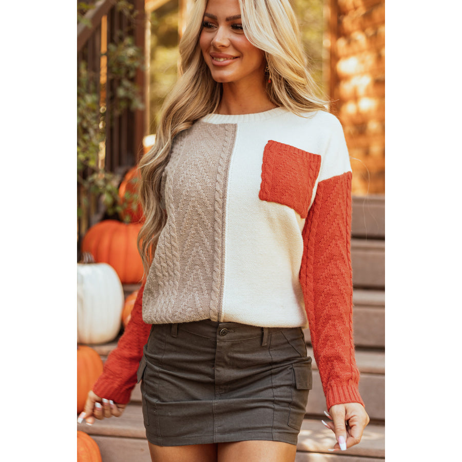 Gold Flame Colorblock Patched Pocket Drop Shoulder Sweater / S / 65% Acrylic + 35% Polyamide Sale (50% OFF)/Sale OFF)