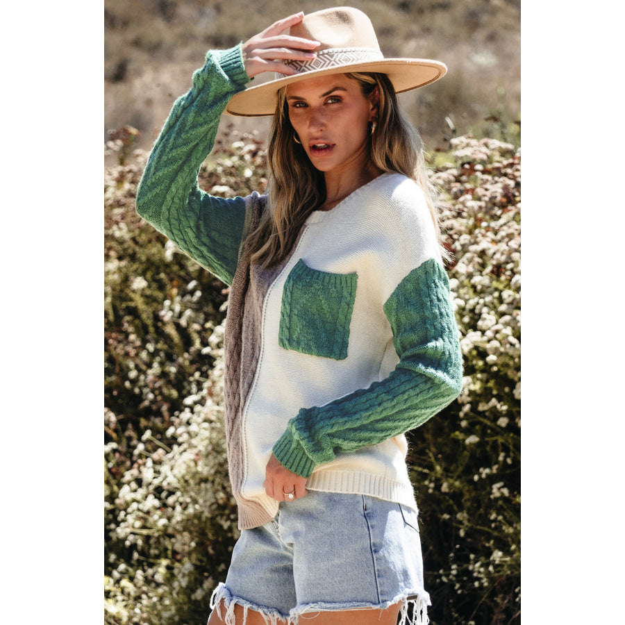 Gold Flame Colorblock Patched Pocket Drop Shoulder Sweater Vineyard Green / S / 65% Acrylic + 35% Polyamide Sale (50% OFF)/Sale OFF)
