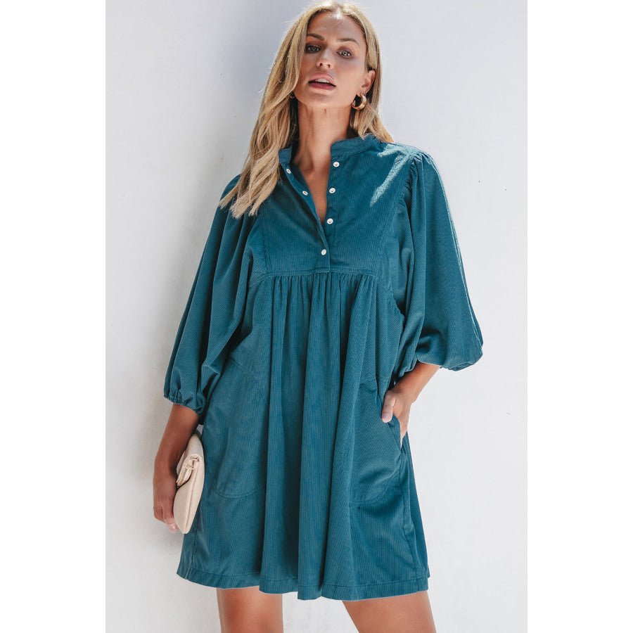 Gold Flame Corduroy Snap Buttons Empire Waist Bracelet Sleeve Dress Blue / S / 100% Polyester Dresses/Mini Dresses
