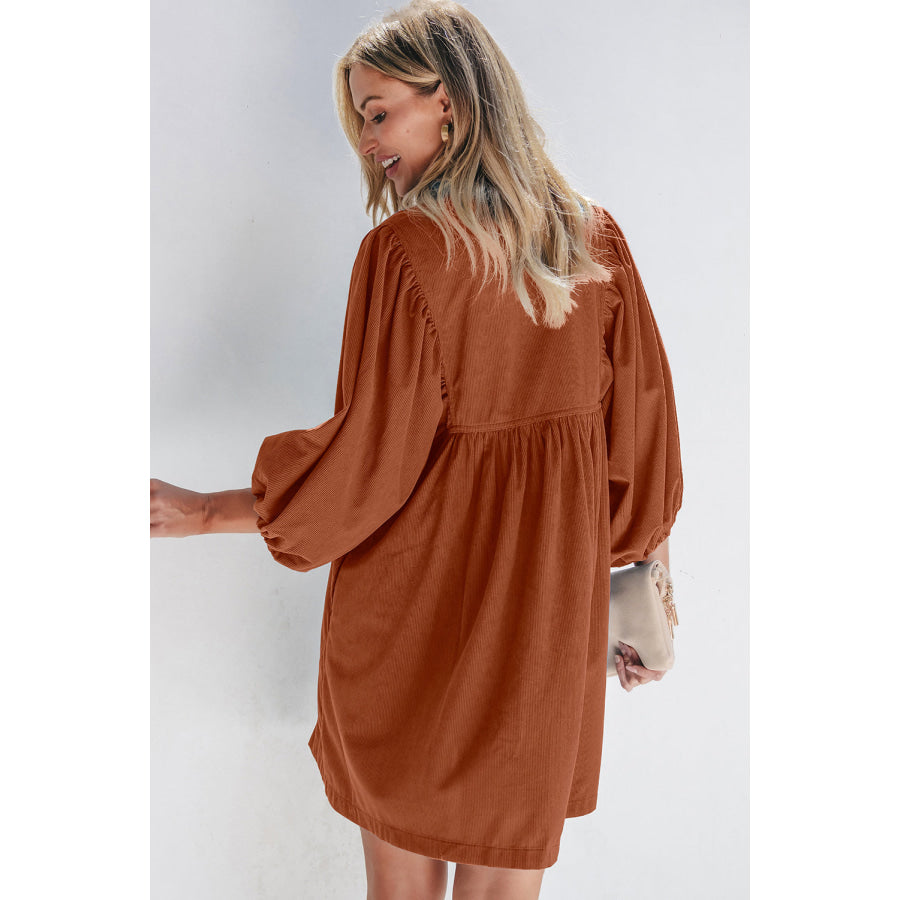 Gold Flame Corduroy Snap Buttons Empire Waist Bracelet Sleeve Dress Gold Flame / S / 100% Polyester Dresses/Mini Dresses