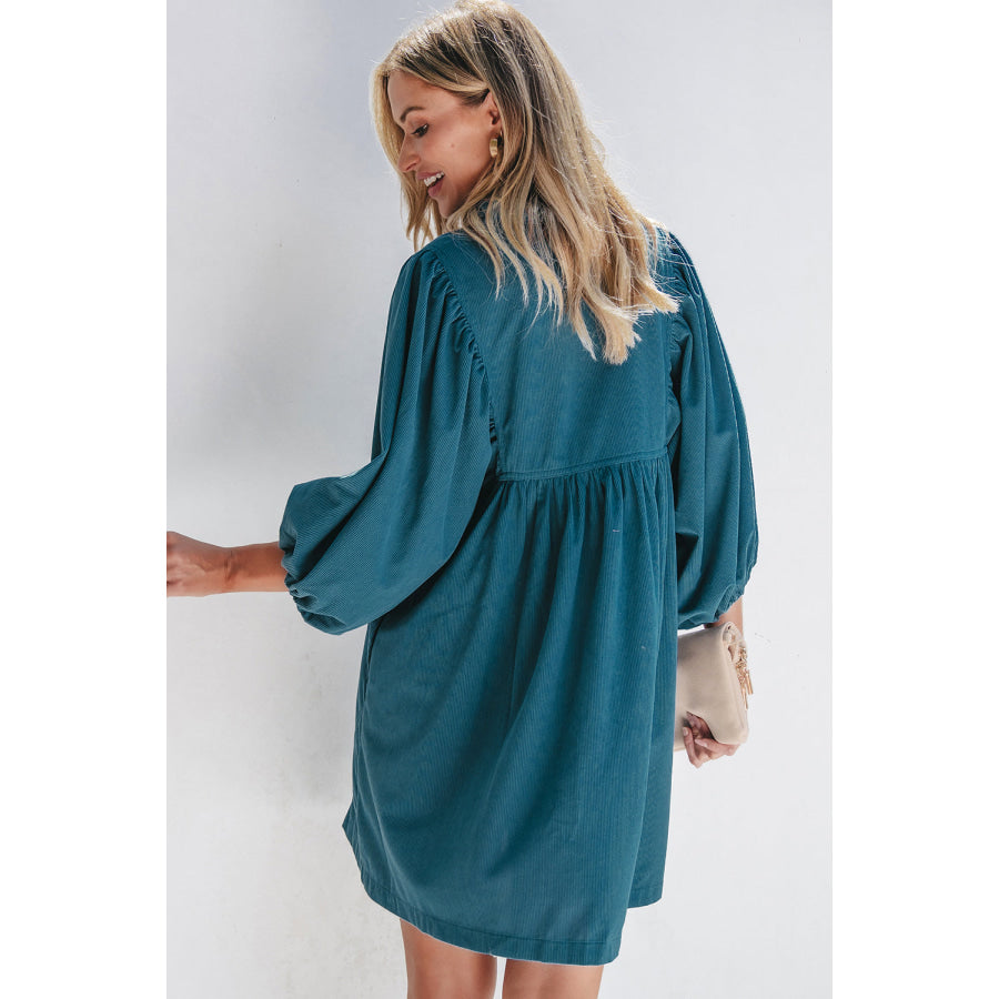 Gold Flame Corduroy Snap Buttons Empire Waist Bracelet Sleeve Dress Dresses/Mini Dresses