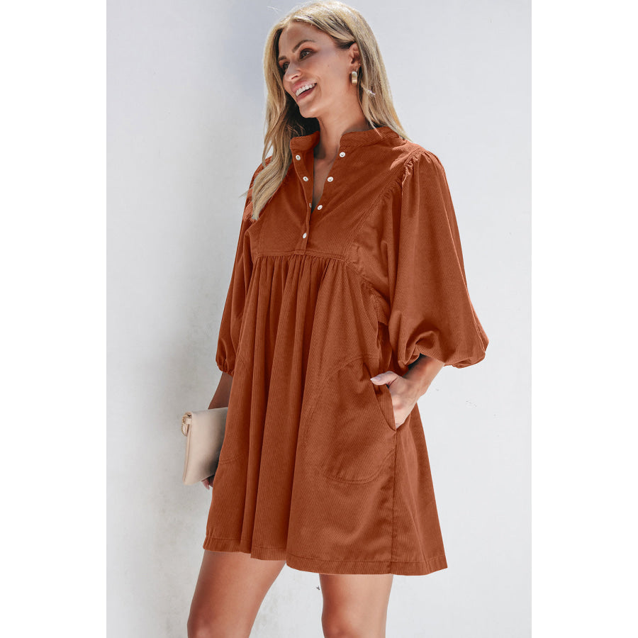Gold Flame Corduroy Snap Buttons Empire Waist Bracelet Sleeve Dress Dresses/Mini Dresses