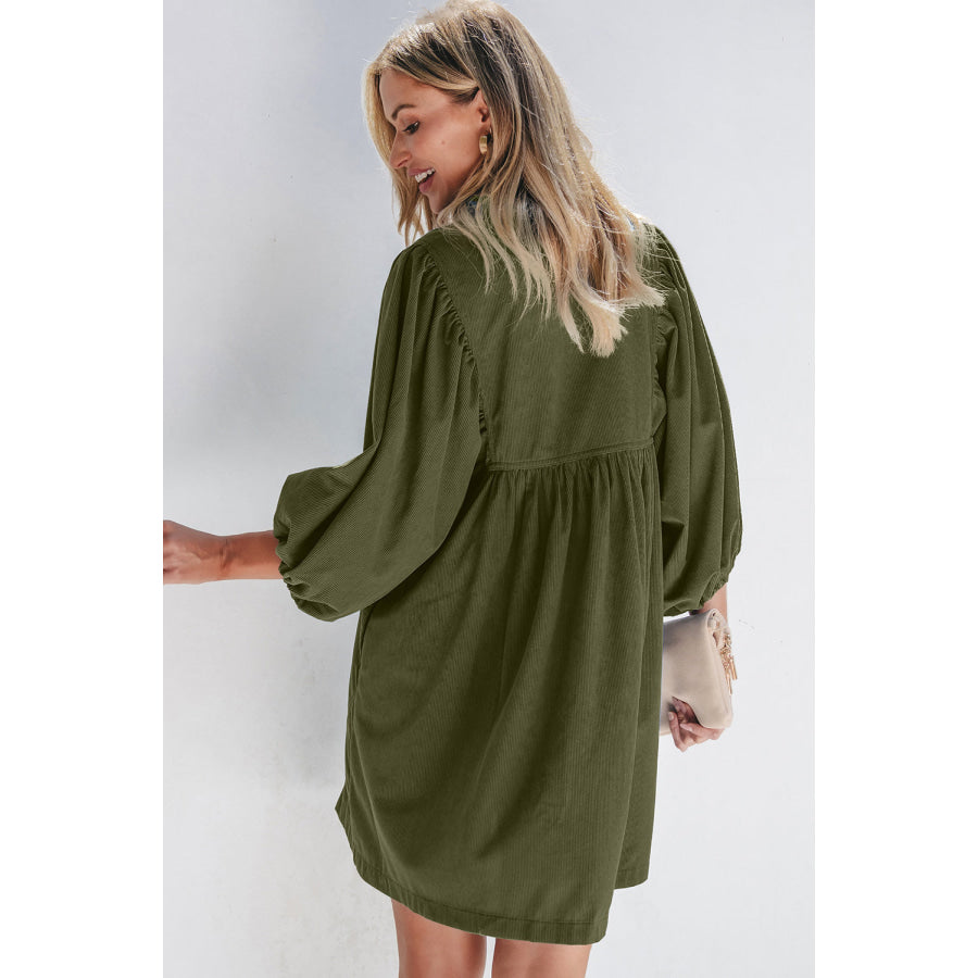 Gold Flame Corduroy Snap Buttons Empire Waist Bracelet Sleeve Dress Dresses/Mini Dresses