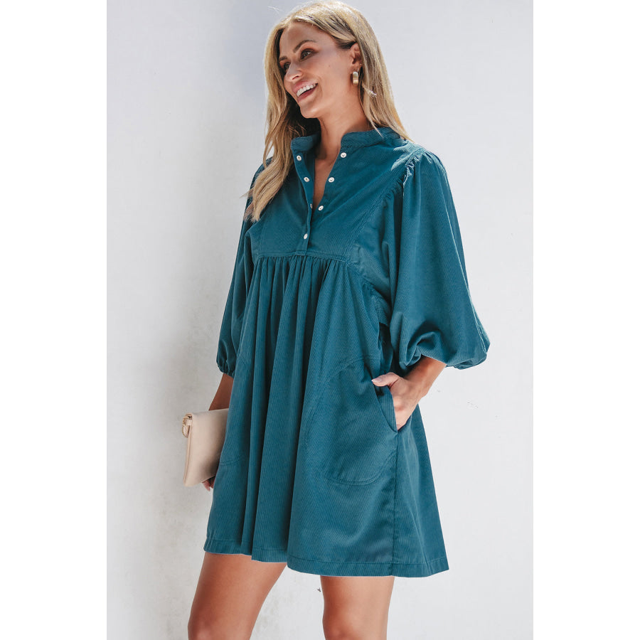 Gold Flame Corduroy Snap Buttons Empire Waist Bracelet Sleeve Dress Dresses/Mini Dresses