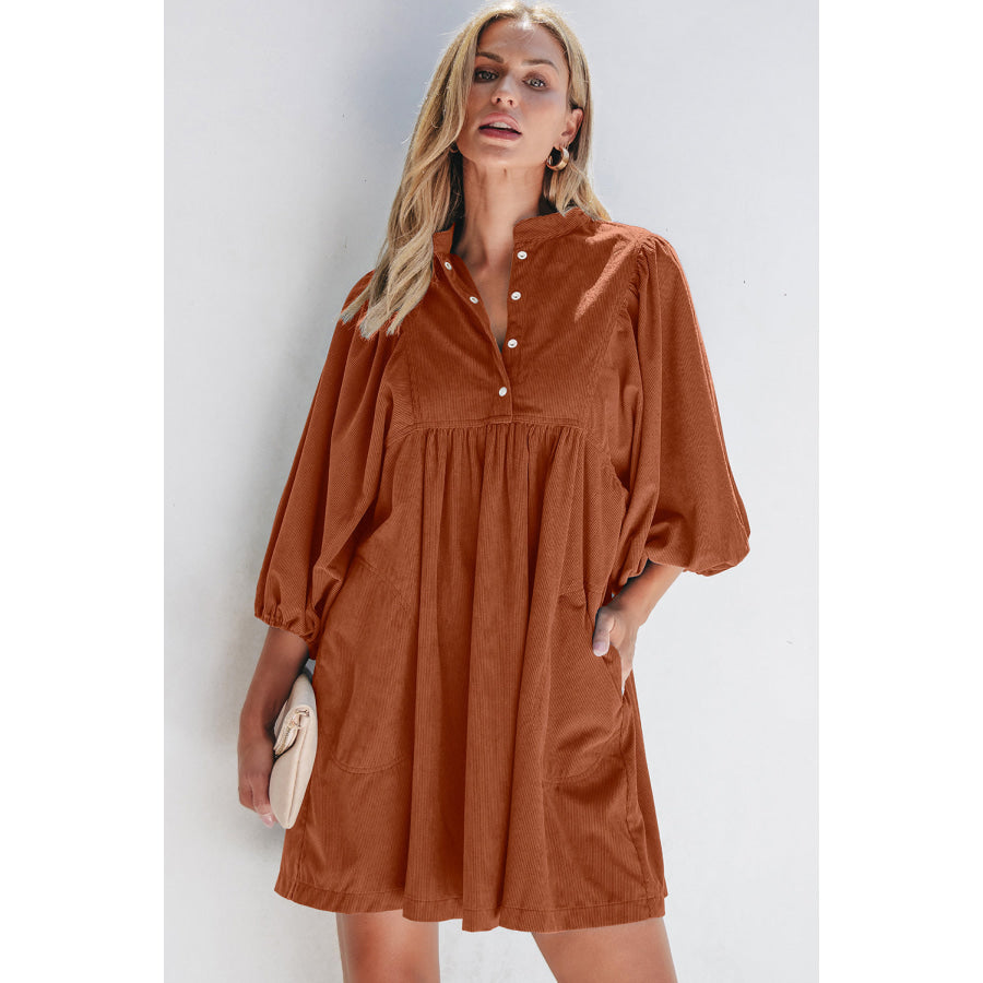 Gold Flame Corduroy Snap Buttons Empire Waist Bracelet Sleeve Dress Gold Flame / S / 100% Polyester Dresses/Mini Dresses