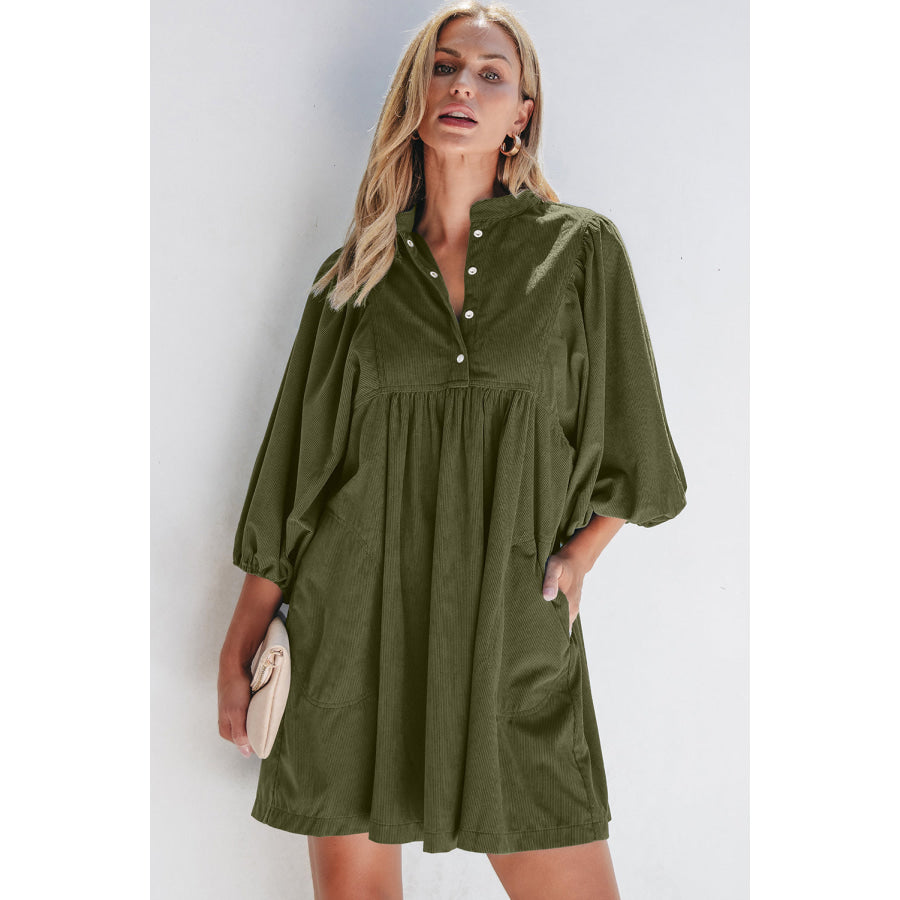 Gold Flame Corduroy Snap Buttons Empire Waist Bracelet Sleeve Dress Vineyard Green / S / 100% Polyester Dresses/Mini Dresses