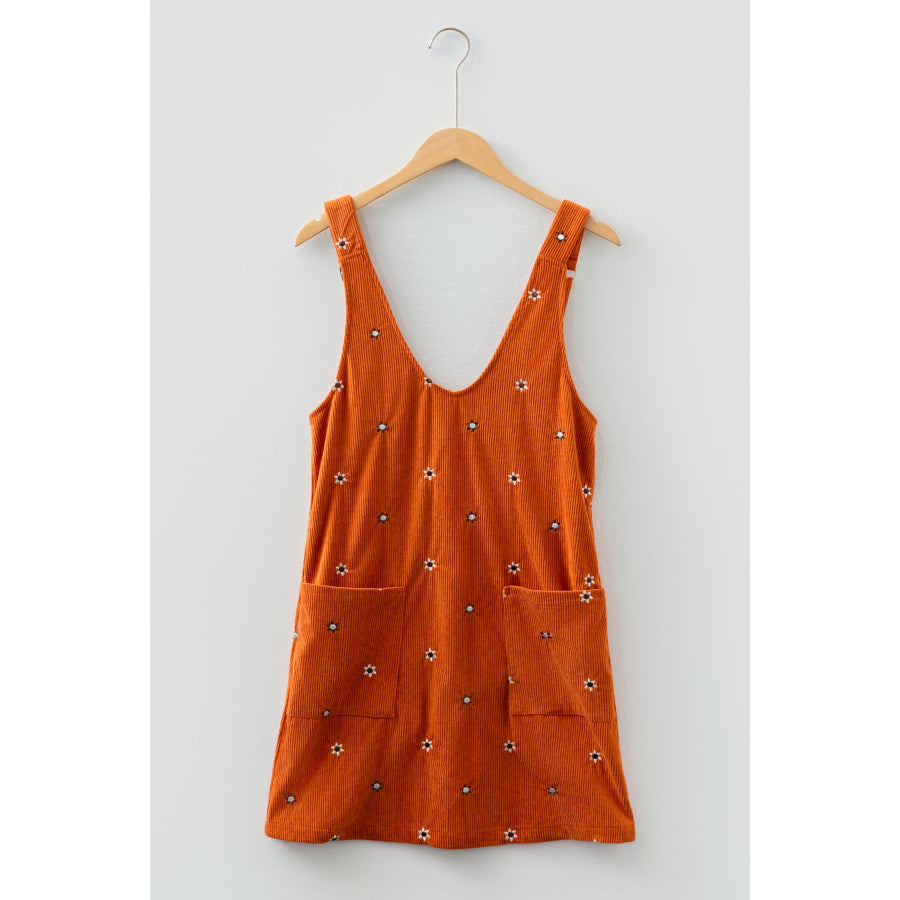 Gold Flame Flower Embroidered Corduroy Overall Mini Dress Dresses/Mini Dresses