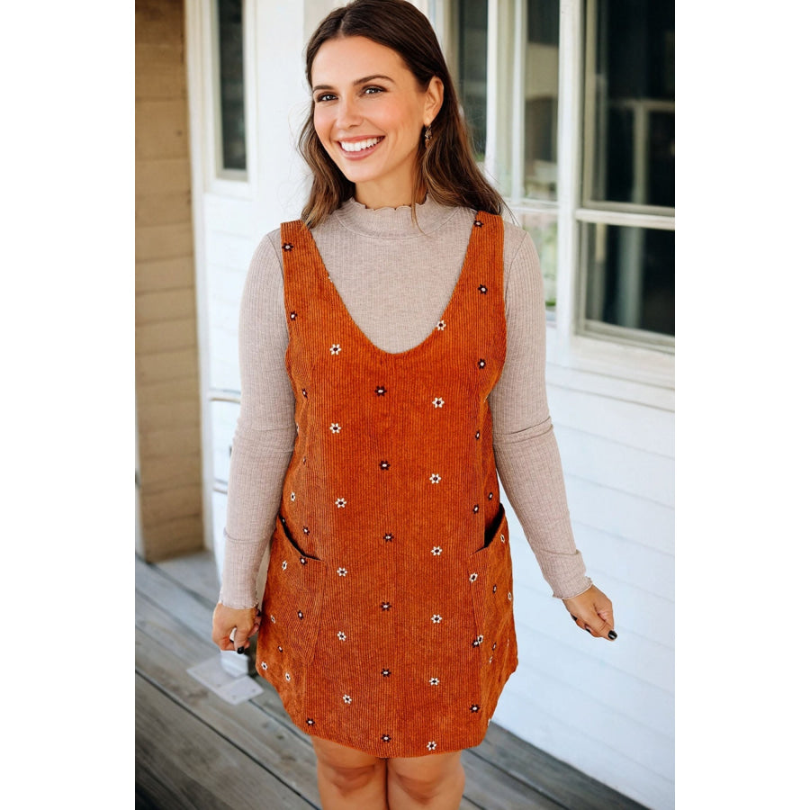 Gold Flame Flower Embroidered Corduroy Overall Mini Dress Dresses/Mini Dresses