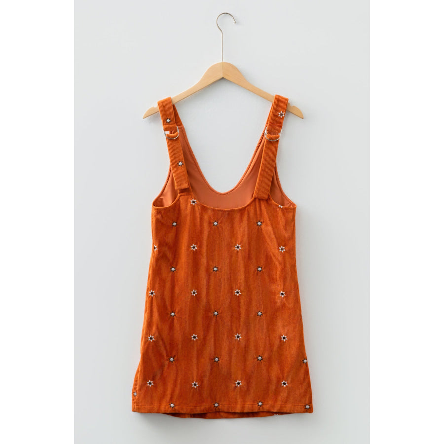 Gold Flame Flower Embroidered Corduroy Overall Mini Dress Dresses/Mini Dresses