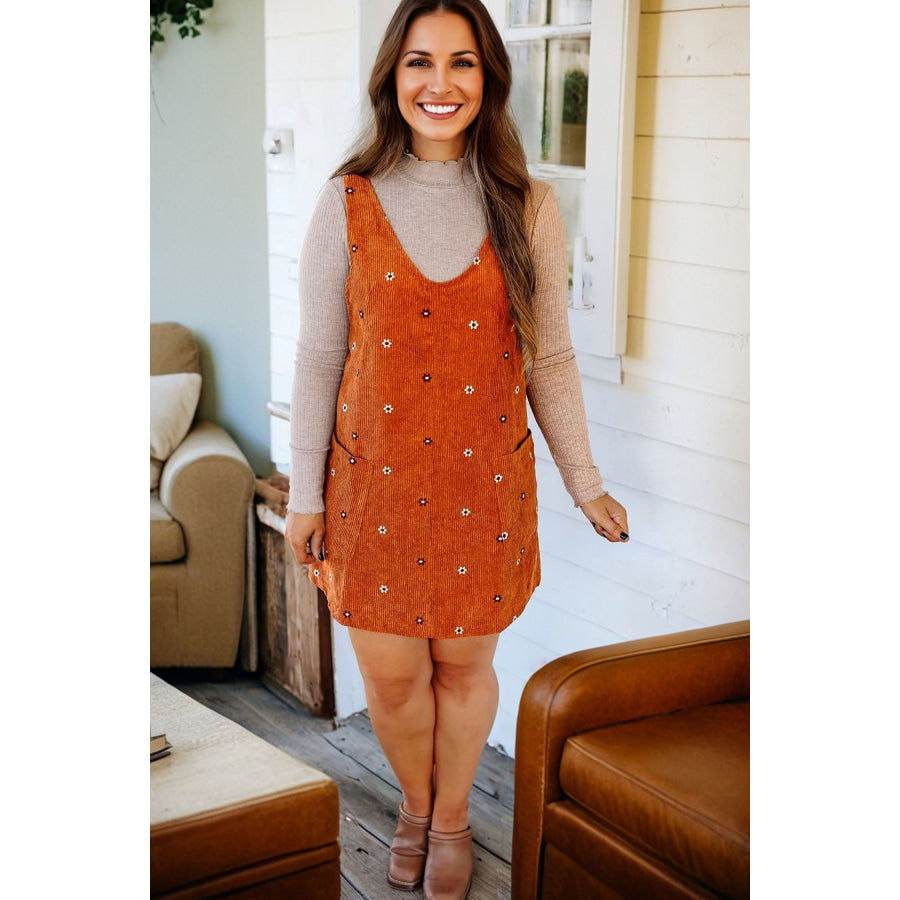 Gold Flame Flower Embroidered Corduroy Overall Mini Dress Dresses/Mini Dresses