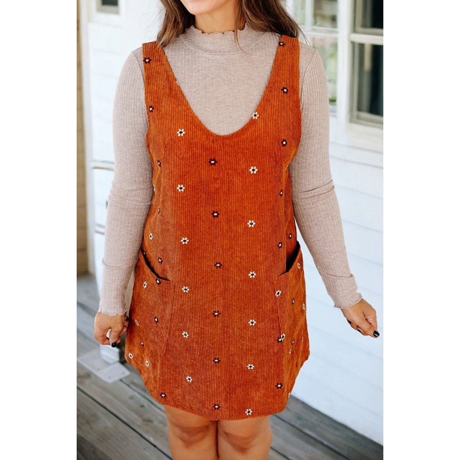 Gold Flame Flower Embroidered Corduroy Overall Mini Dress Gold Flame / S / 100% Polyester Dresses/Mini Dresses