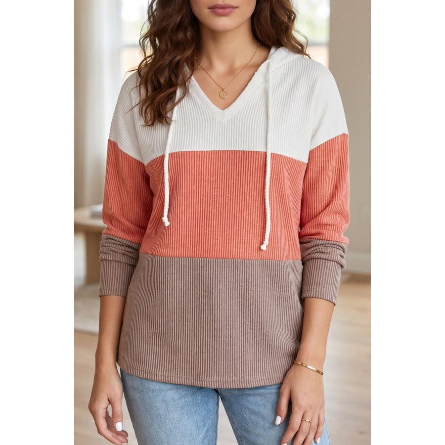 Gold Flame Ribbed Colorblock Hooded Pullover Long Sleeve Top Gold Flame / S / 75% Polyester + 20% Viscose + 5% Elastane Tops/Long Sleeve