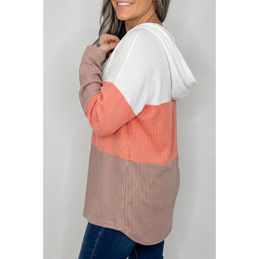 Gold Flame Ribbed Colorblock Hooded Pullover Long Sleeve Top Tops/Long Sleeve Tops