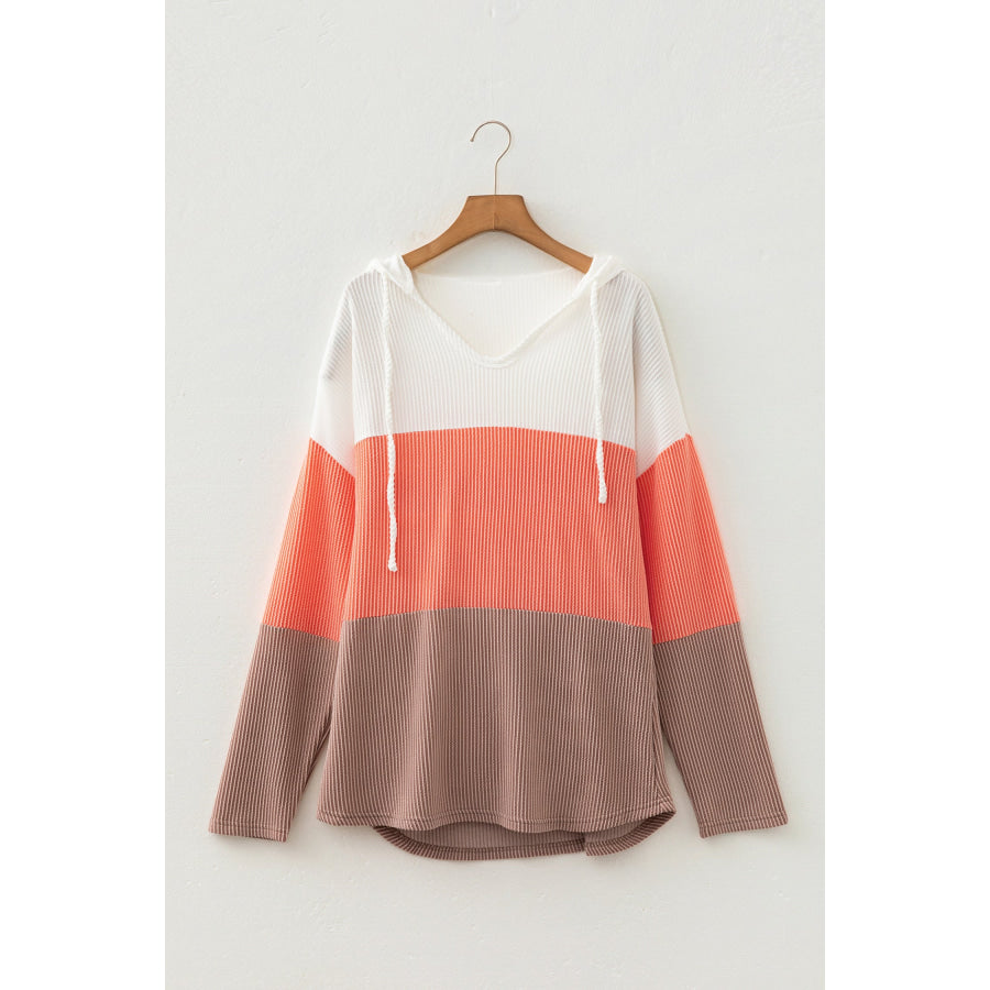 Gold Flame Ribbed Colorblock Hooded Pullover Long Sleeve Top Tops/Long Sleeve Tops