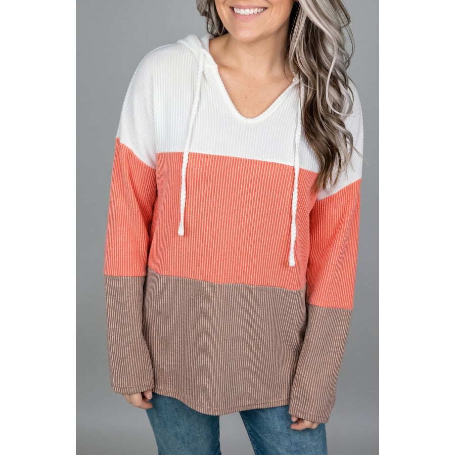 Gold Flame Ribbed Colorblock Hooded Pullover Long Sleeve Top Tops/Long Sleeve Tops