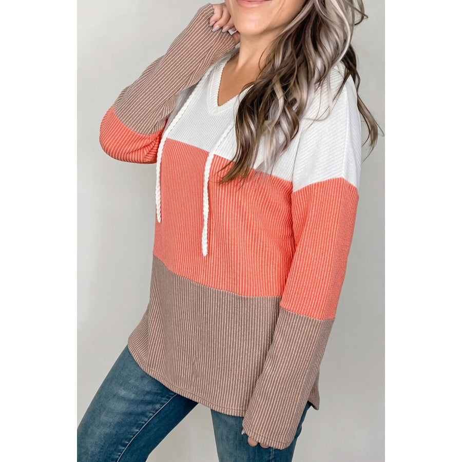 Gold Flame Ribbed Colorblock Hooded Pullover Long Sleeve Top Tops/Long Sleeve Tops