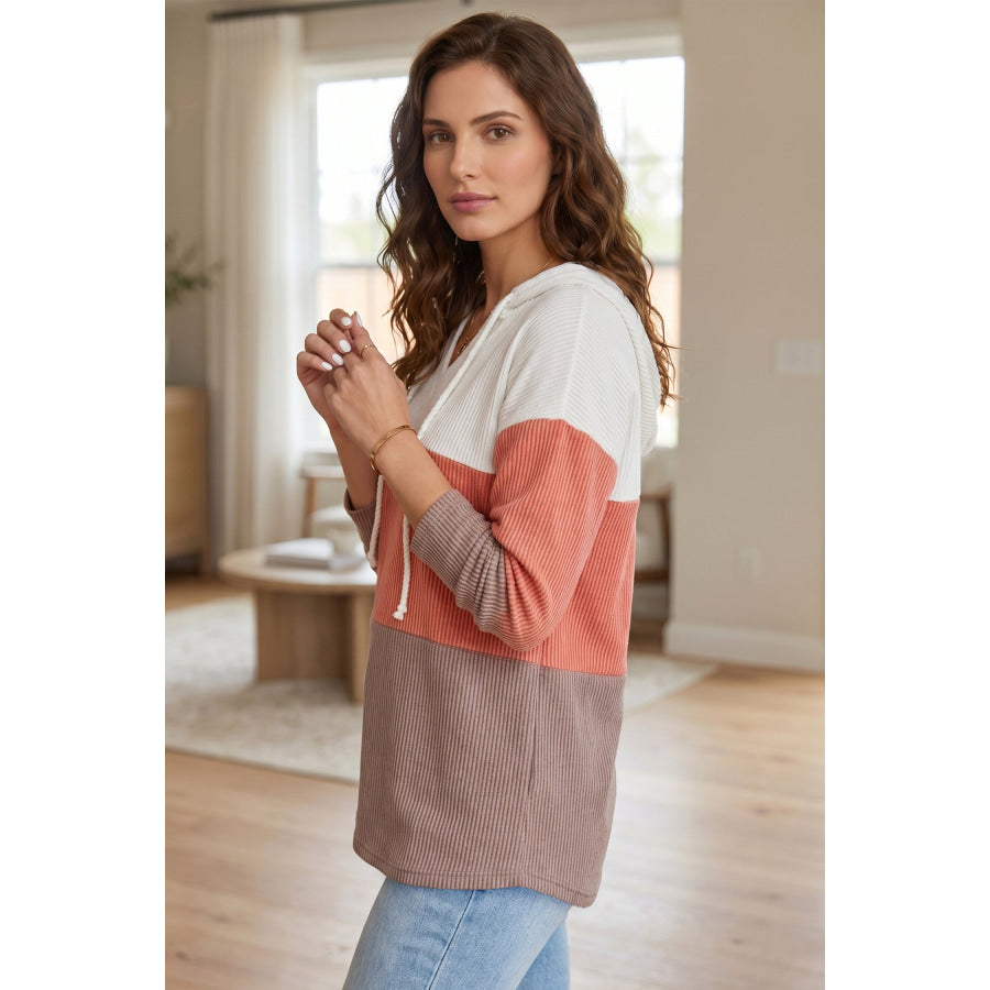 Gold Flame Ribbed Colorblock Hooded Pullover Long Sleeve Top Tops/Long Sleeve Tops