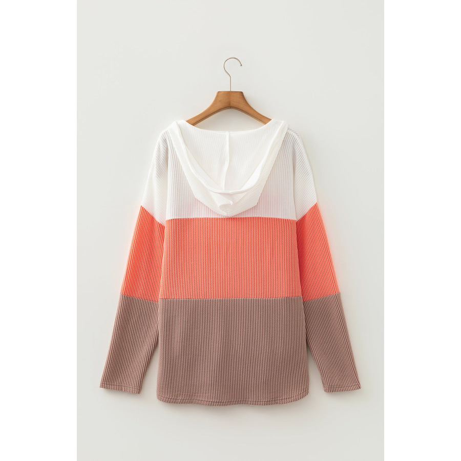Gold Flame Ribbed Colorblock Hooded Pullover Long Sleeve Top Tops/Long Sleeve Tops