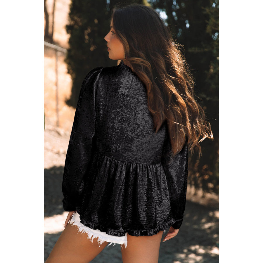 Gold Metallic Frilled V Neck Puff Sleeve Babydoll Blouse Tops/Blouses &amp; Shirts
