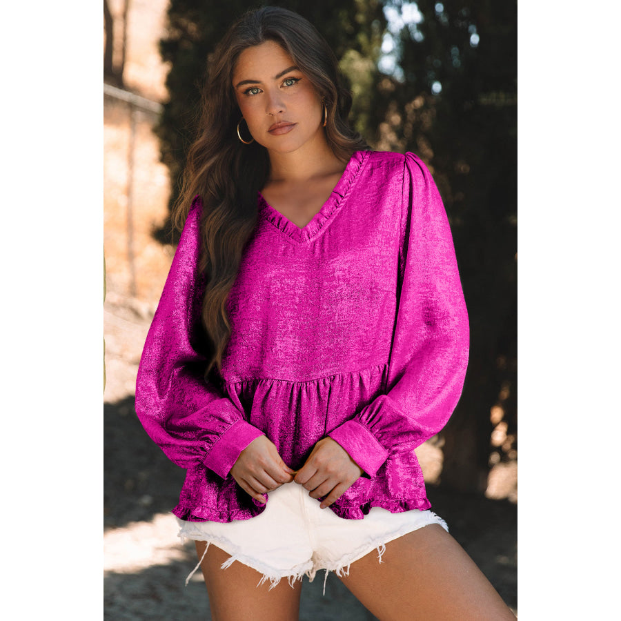 Gold Metallic Frilled V Neck Puff Sleeve Babydoll Blouse Tops/Blouses &amp; Shirts