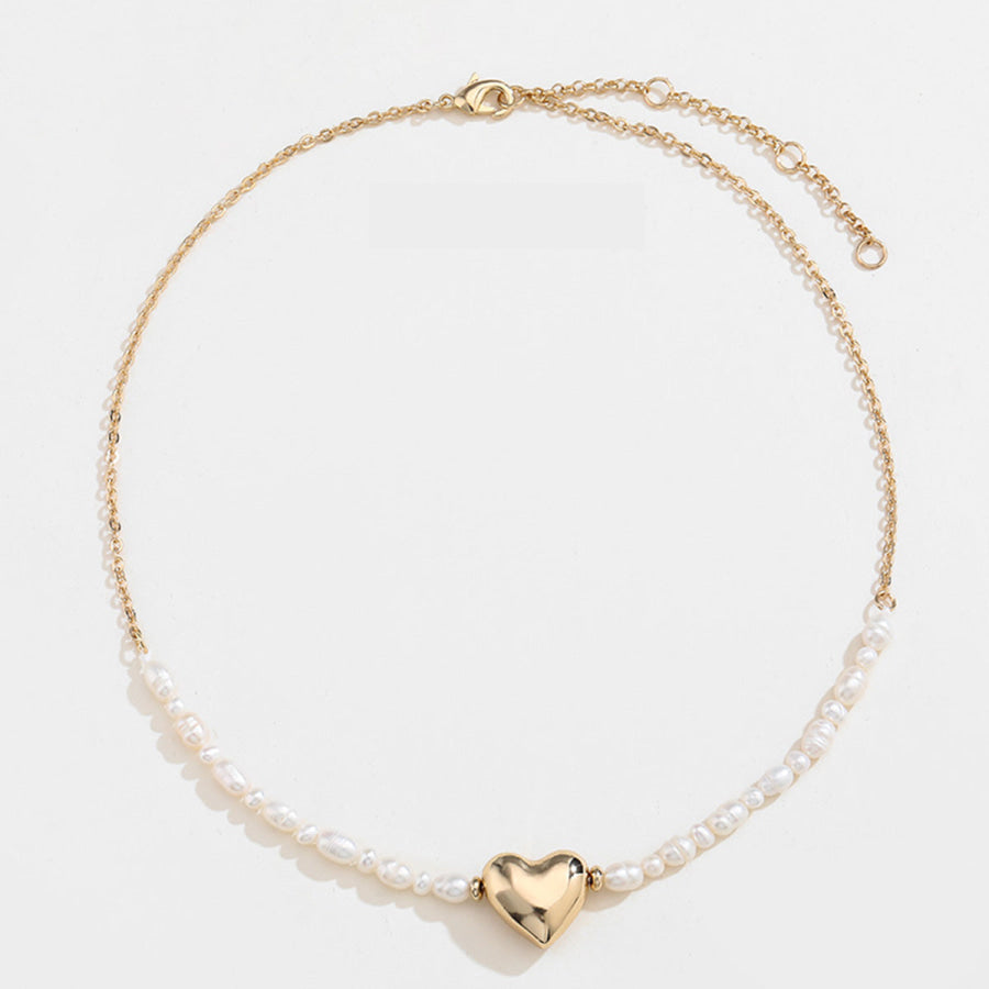 Gold - plated Pearl Chain Heart Pendant Necklace Gold / One Size Apparel and Accessories