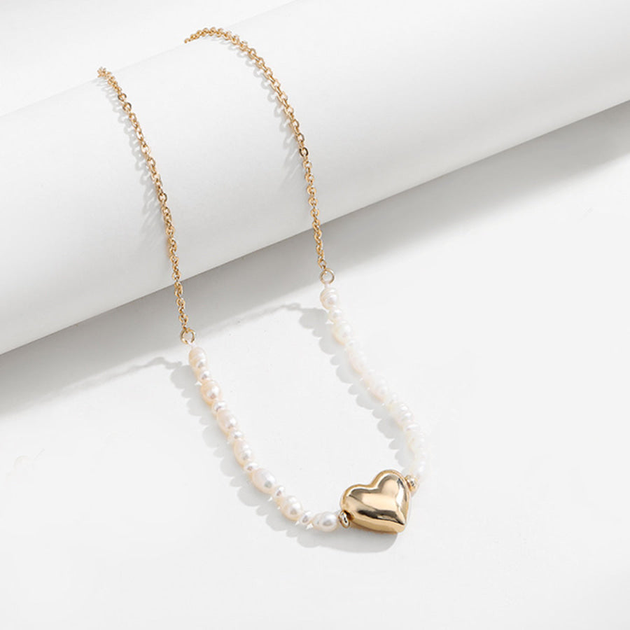 Gold - plated Pearl Chain Heart Pendant Necklace Gold / One Size Apparel and Accessories
