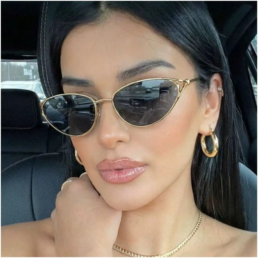 Gold-Rimmed Cat-Eye Sunglasses Black / One Size Apparel and Accessories