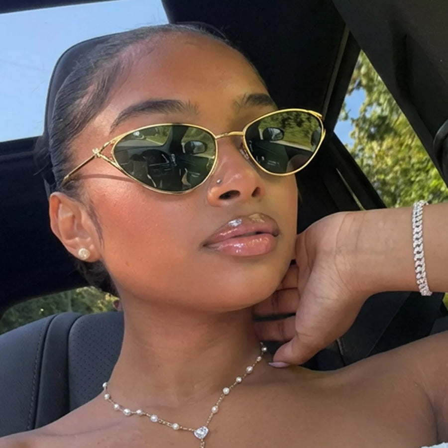 Gold-Rimmed Cat-Eye Sunglasses Green / One Size Apparel and Accessories