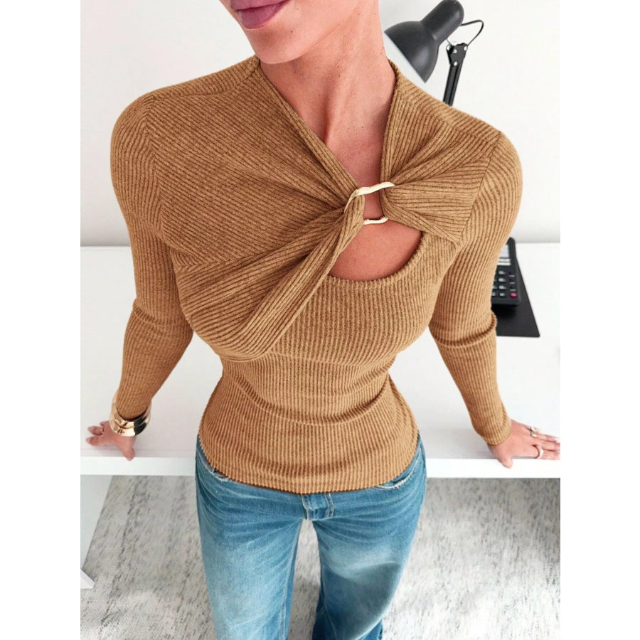 Gold Ring Cutout Detail Top Camel Color / S Apparel and Accessories
