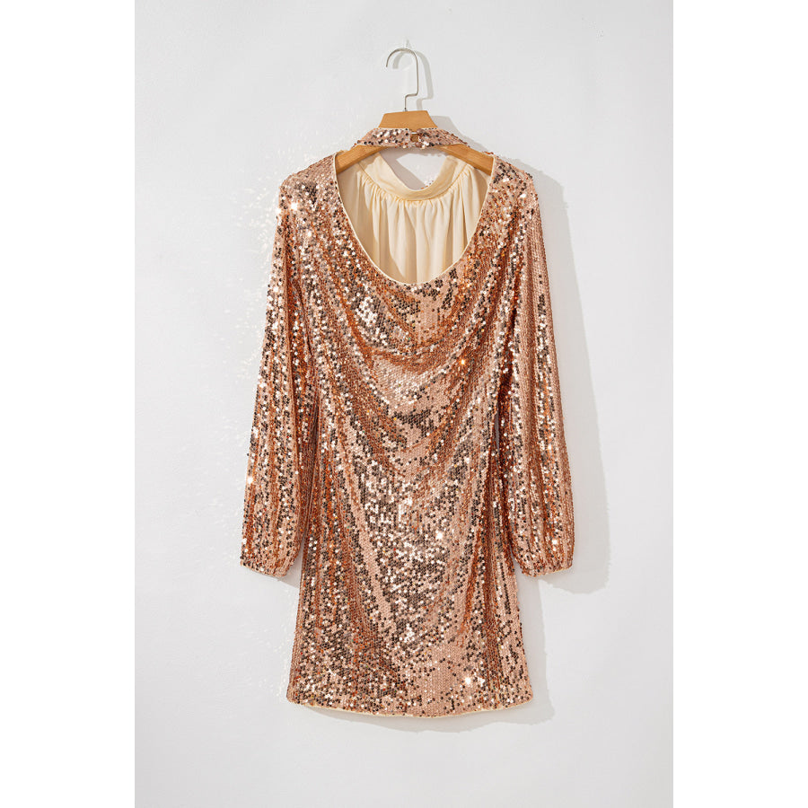 Gold Sequined Long Sleeve Cutout Back Mini Dress Dresses/Sequin Dresses