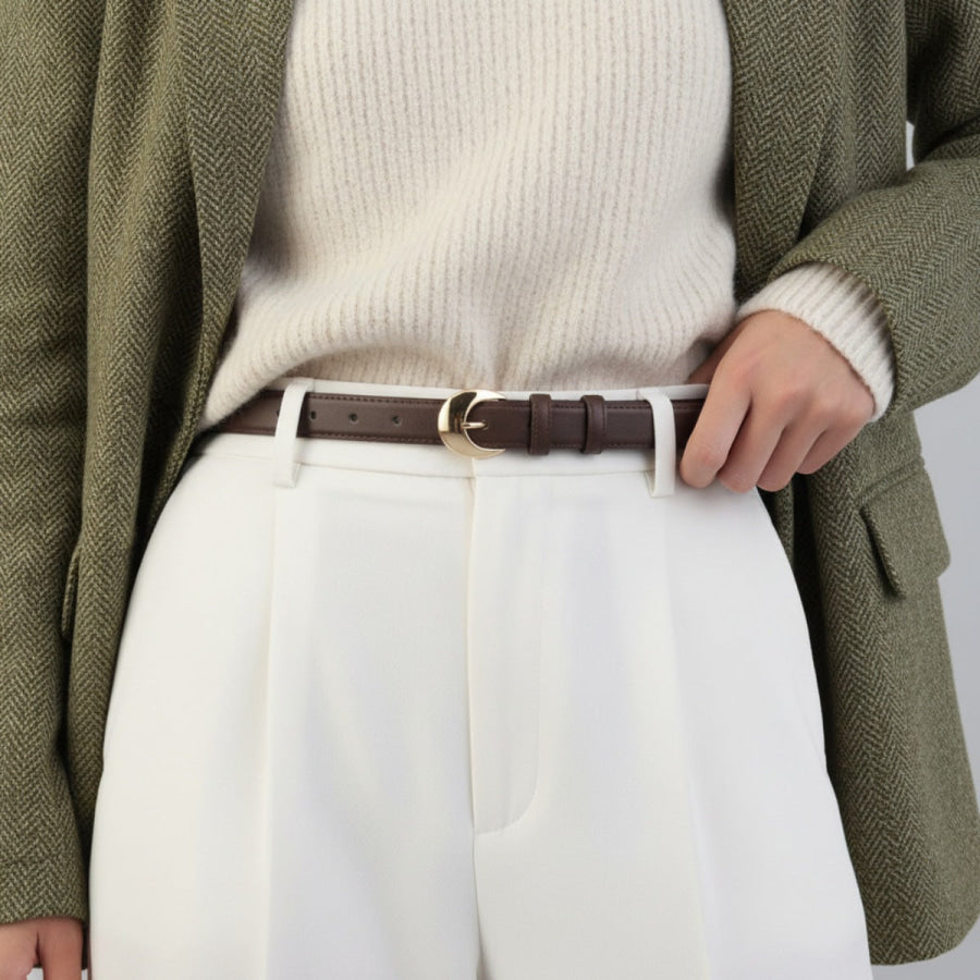 Golden Buckle Skinny Belt Coffee Brown / One Size Apparel and Accessories
