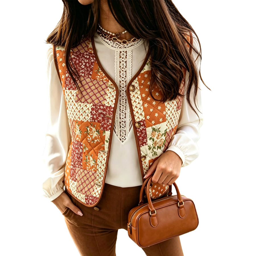 Golden Fleece Quilted Floral Patchwork Contrast Trim V Neck Button Vest Outerwear/Vests