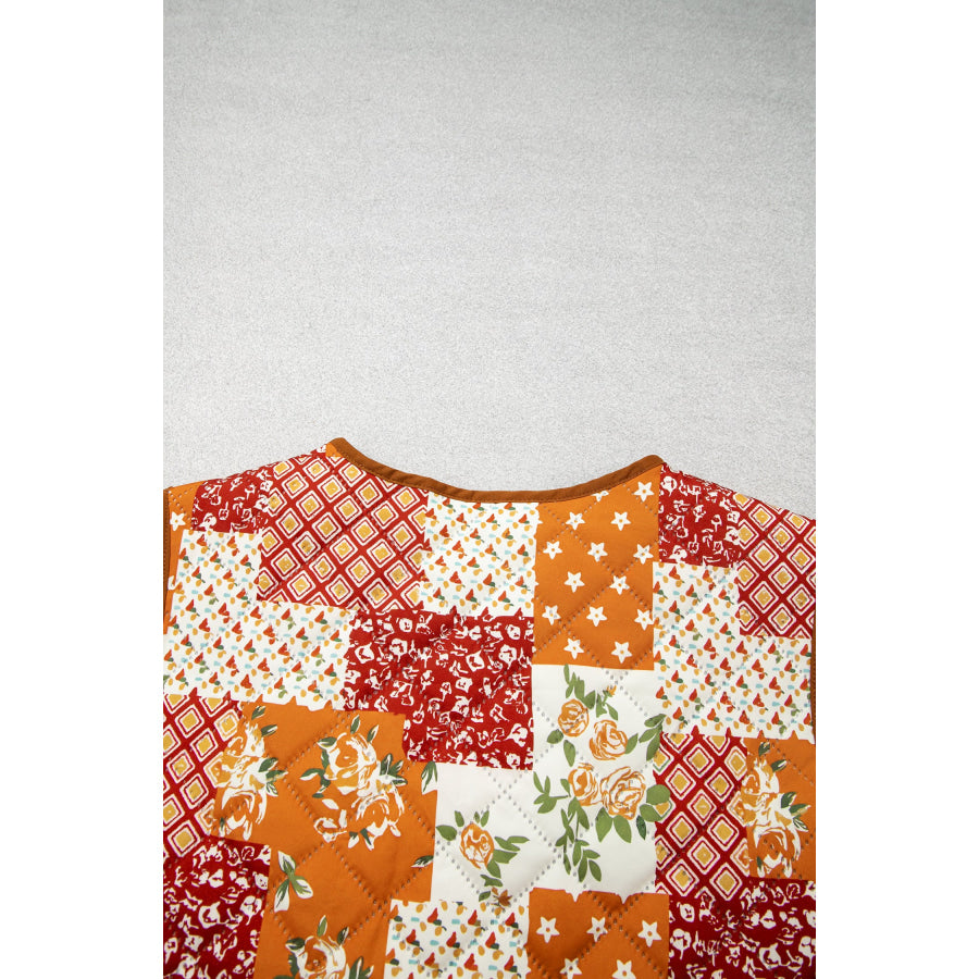 Golden Fleece Quilted Floral Patchwork Contrast Trim V Neck Button Vest Outerwear/Vests