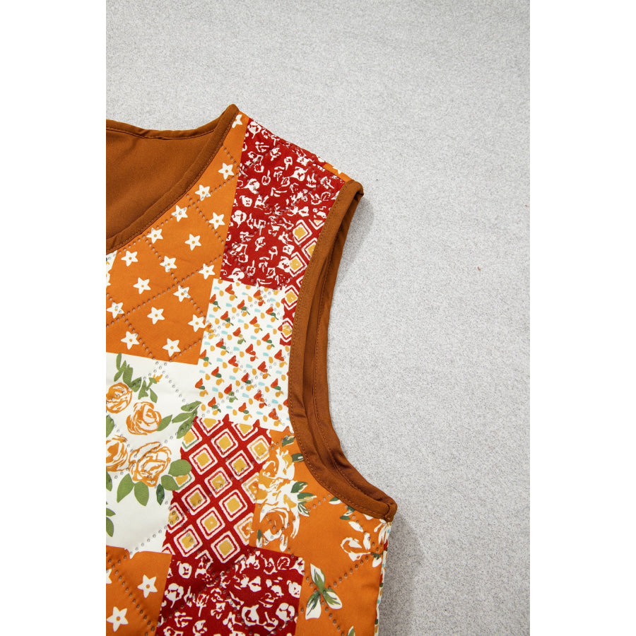 Golden Fleece Quilted Floral Patchwork Contrast Trim V Neck Button Vest Outerwear/Vests