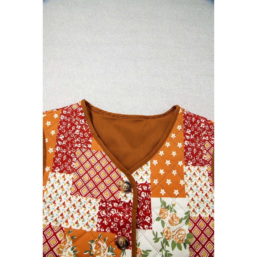Golden Fleece Quilted Floral Patchwork Contrast Trim V Neck Button Vest Outerwear/Vests
