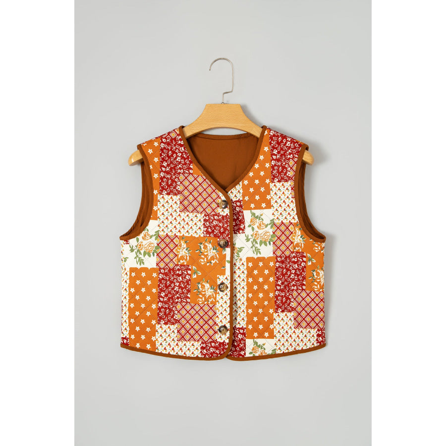 Golden Fleece Quilted Floral Patchwork Contrast Trim V Neck Button Vest Outerwear/Vests